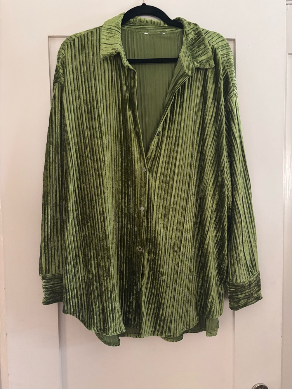 Green Velvet Pleated Button-Up Shirt and Pants Set